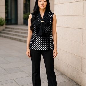 Black Polka Dot Sleeveless Blouse V-Neck